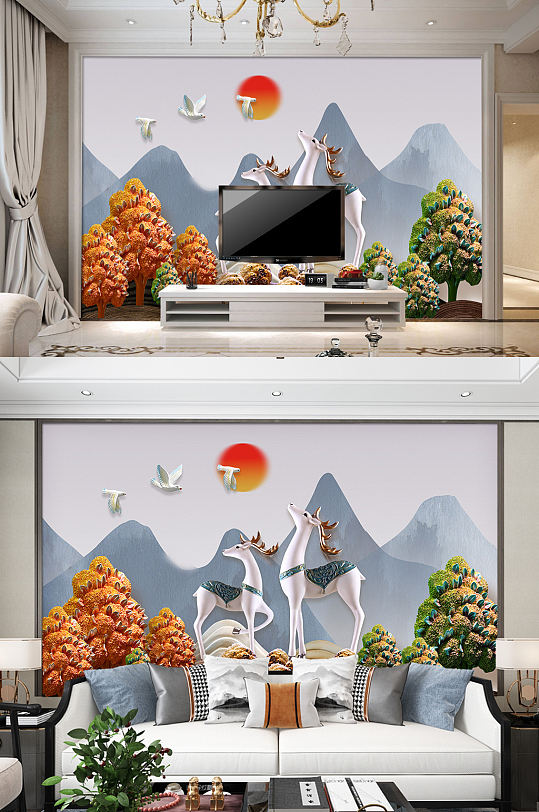 双鹿电视背景墙卡通金鹿装饰画-众图网