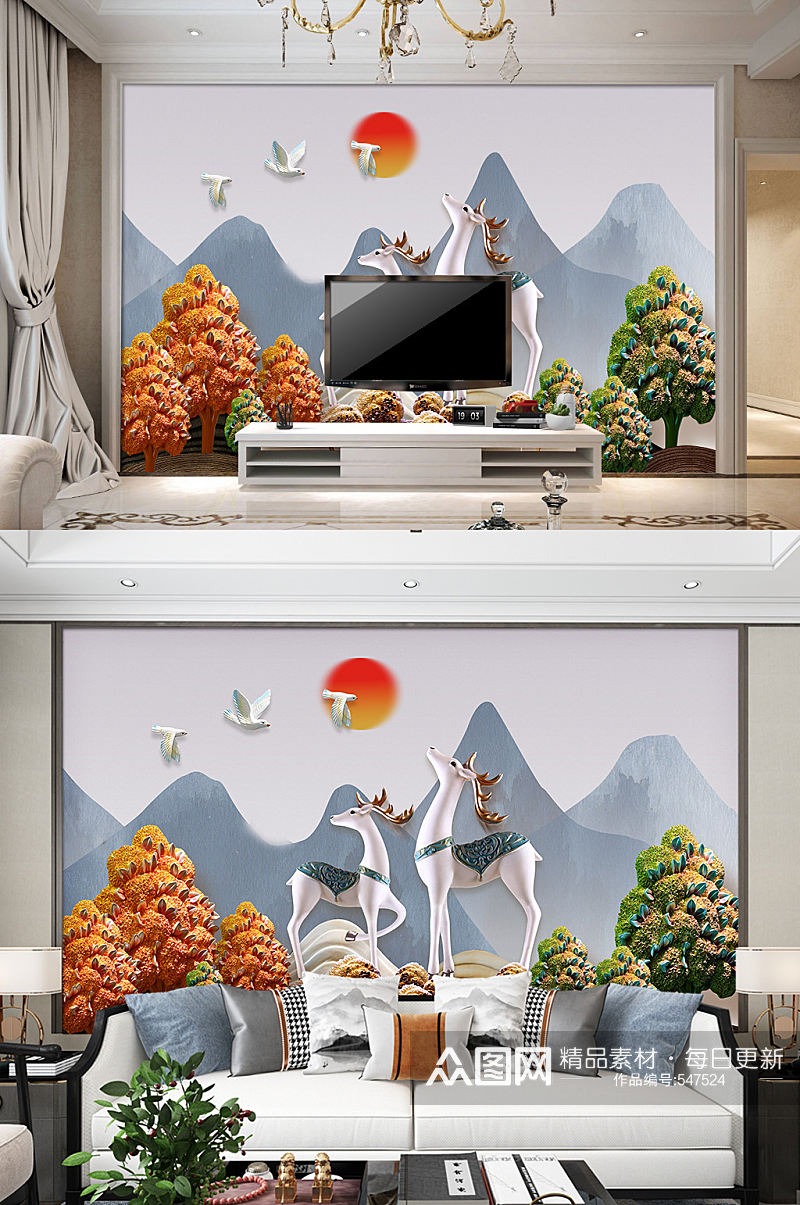 双鹿电视背景墙卡通金鹿装饰画素材
