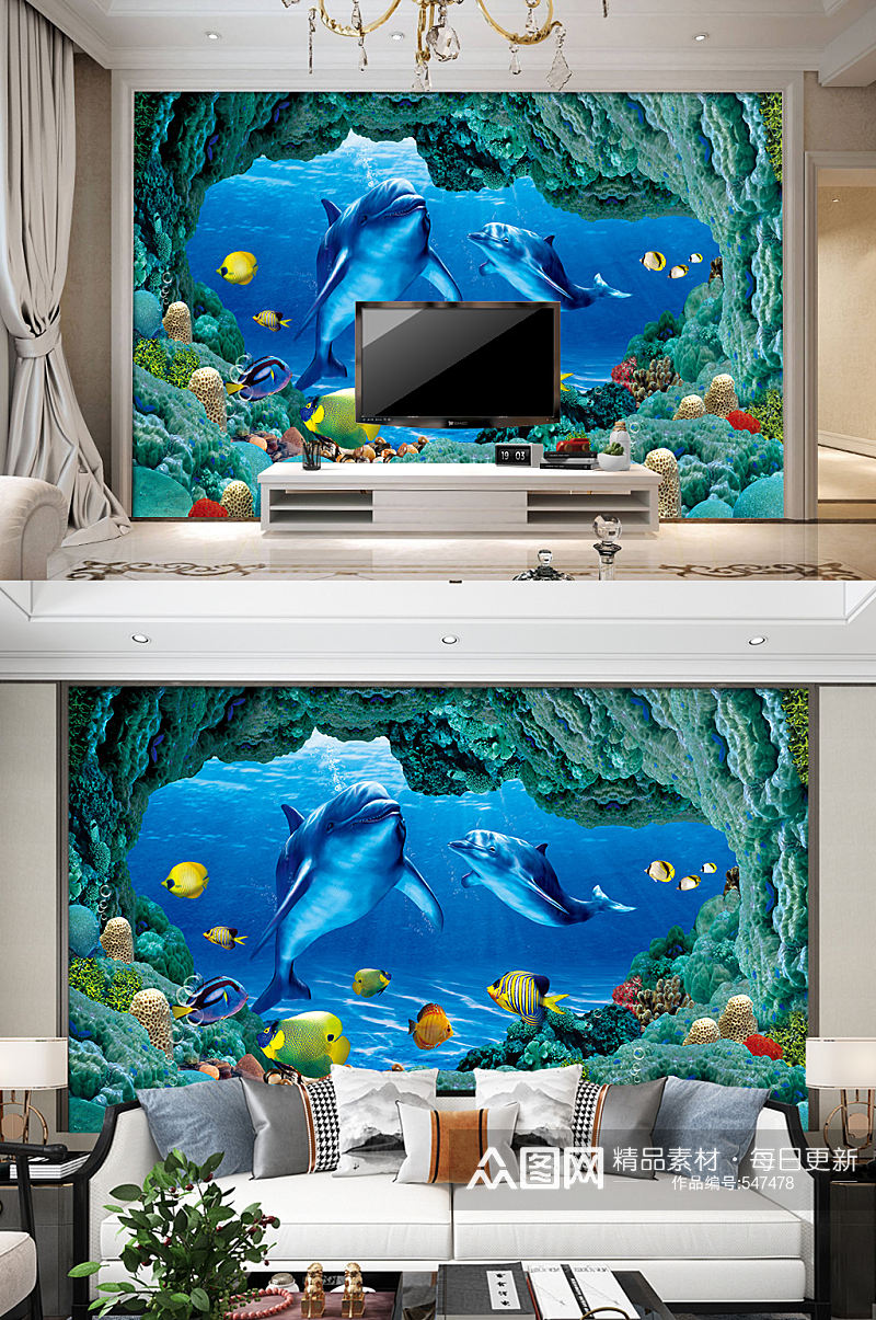 海洋电视背景墙立体透视装饰画素材