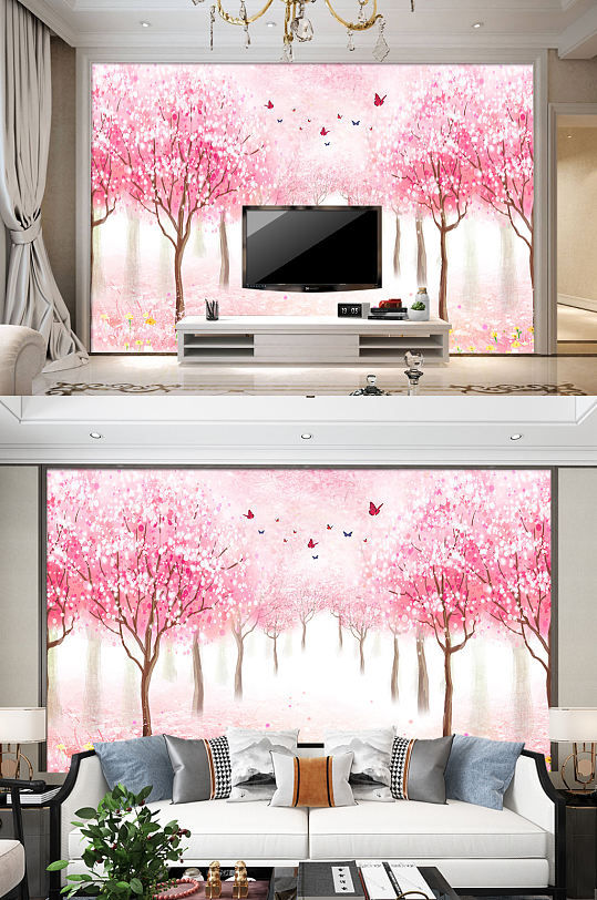 电视背景墙红色樱花装饰画