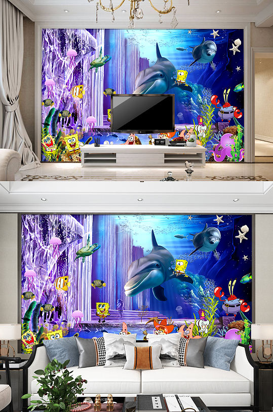 海豚电视背景墙海洋馆装饰画