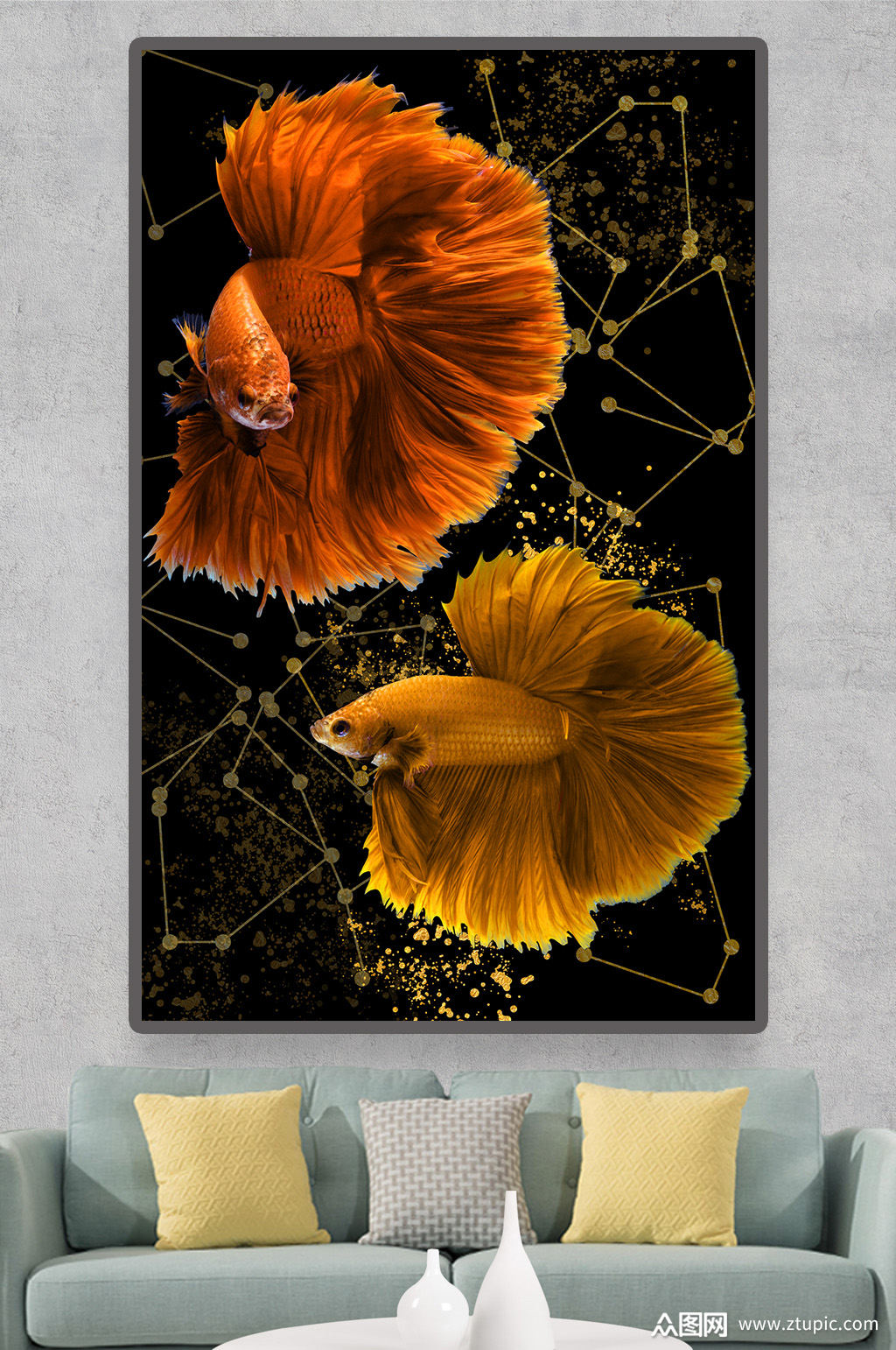 北欧红色抽象鱼线条客厅装饰画