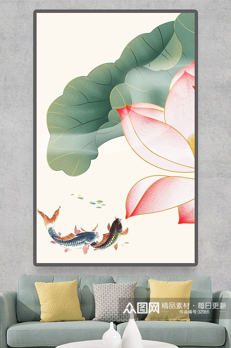 新中式水墨风格手绘荷花装饰画素材