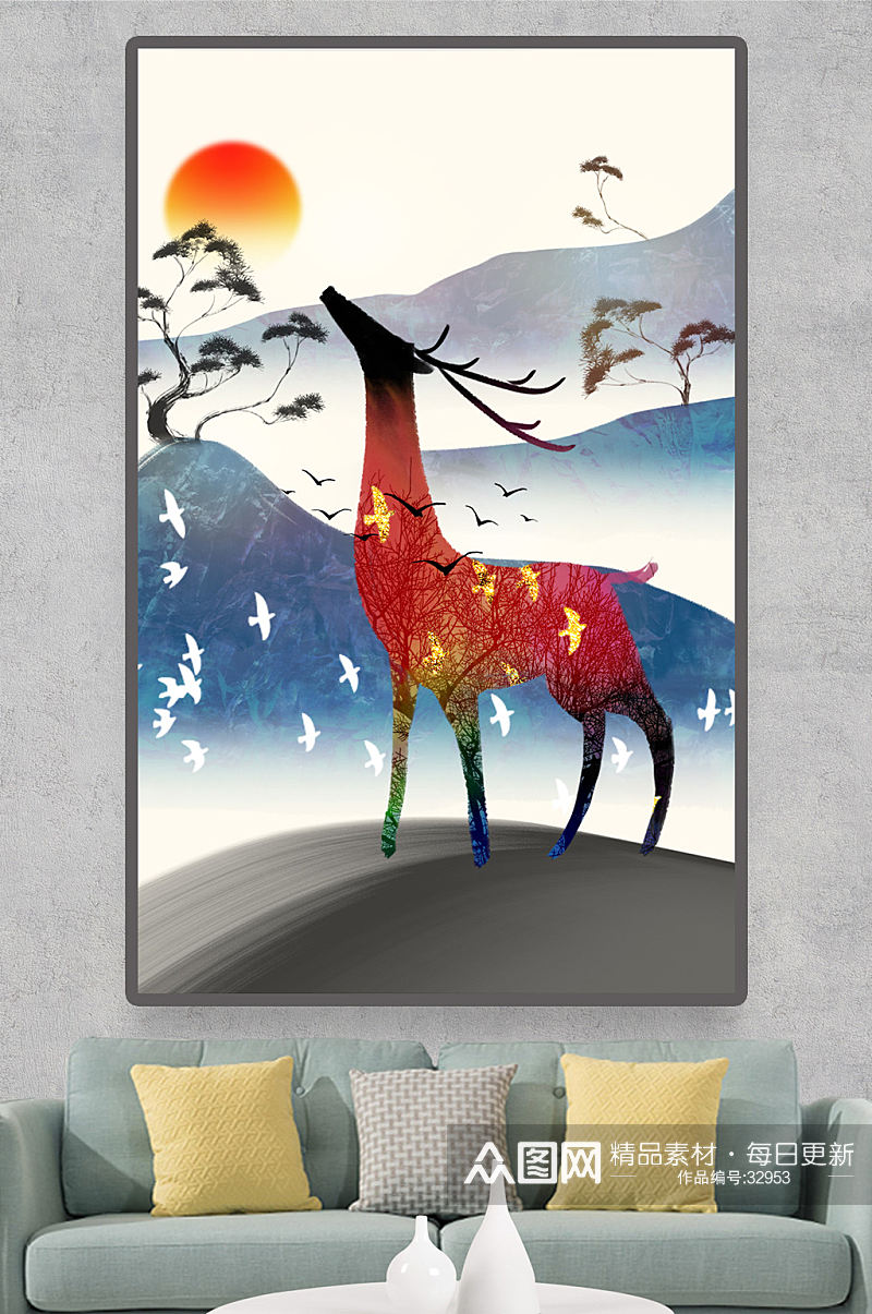 北欧现代抽象山水森林麋鹿装饰画素材