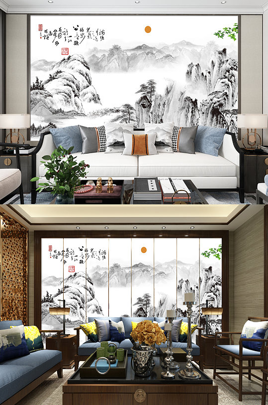 工笔山水画电视背景墙-众图网