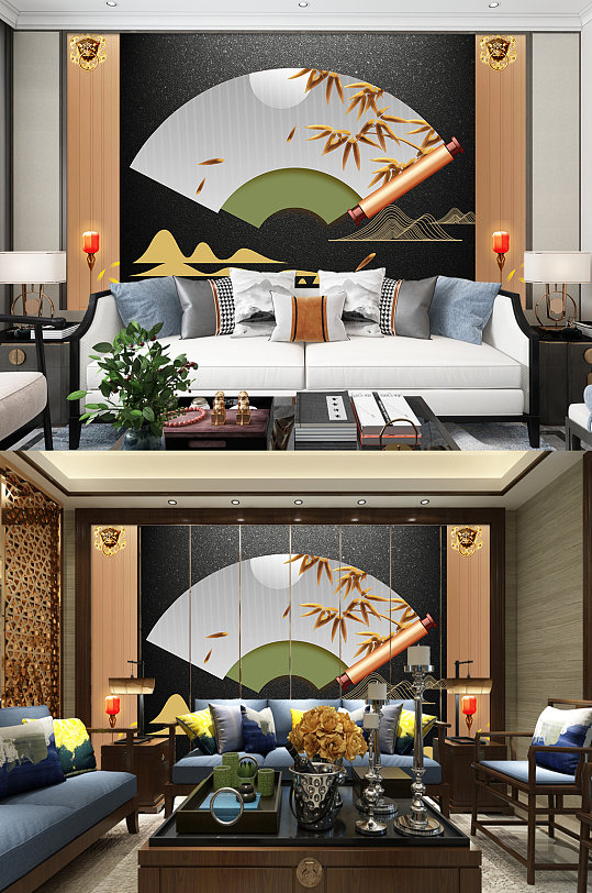 黑色扇子卷轴电视背景墙