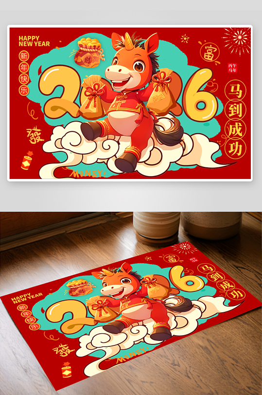 简约红色喜庆2026年马年新年分层地毯地-众图网