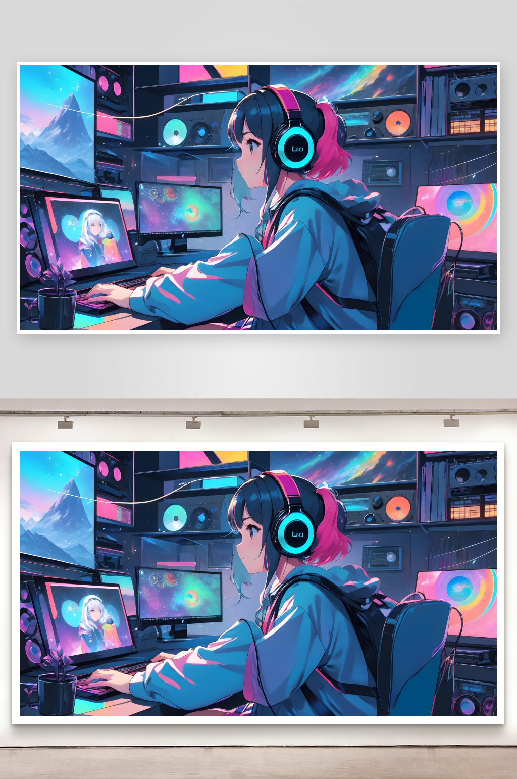 少女在科技空间中使用电脑素材