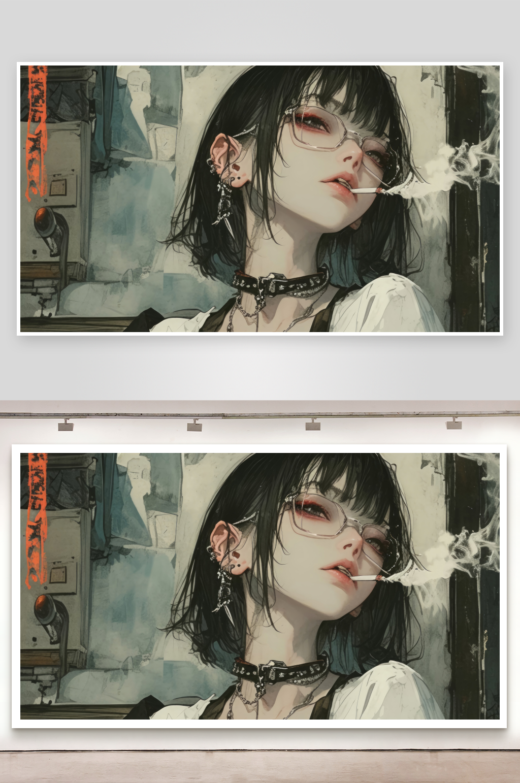 戴眼镜的女性吸烟场景素材