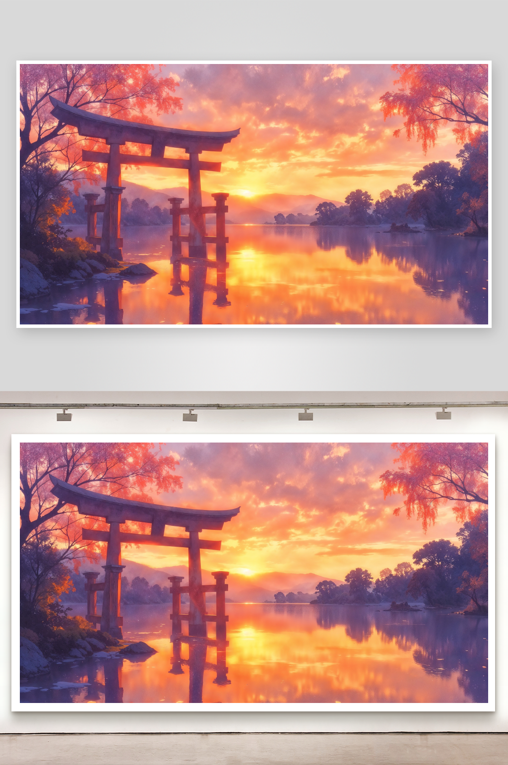 日出湖畔鸟居倒影素材