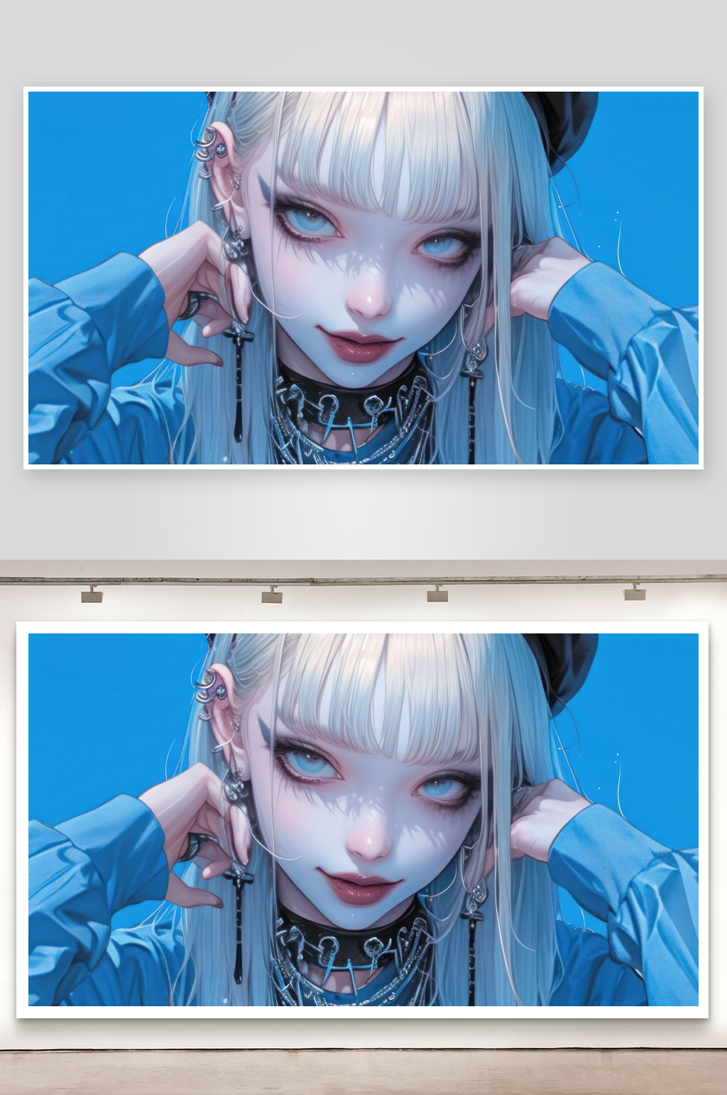 蓝发少女佩戴金属饰品素材