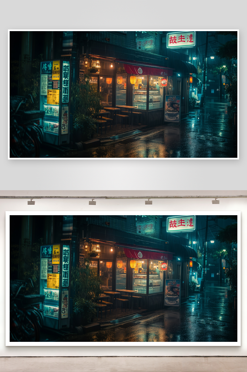 雨夜街角的日式小餐馆素材