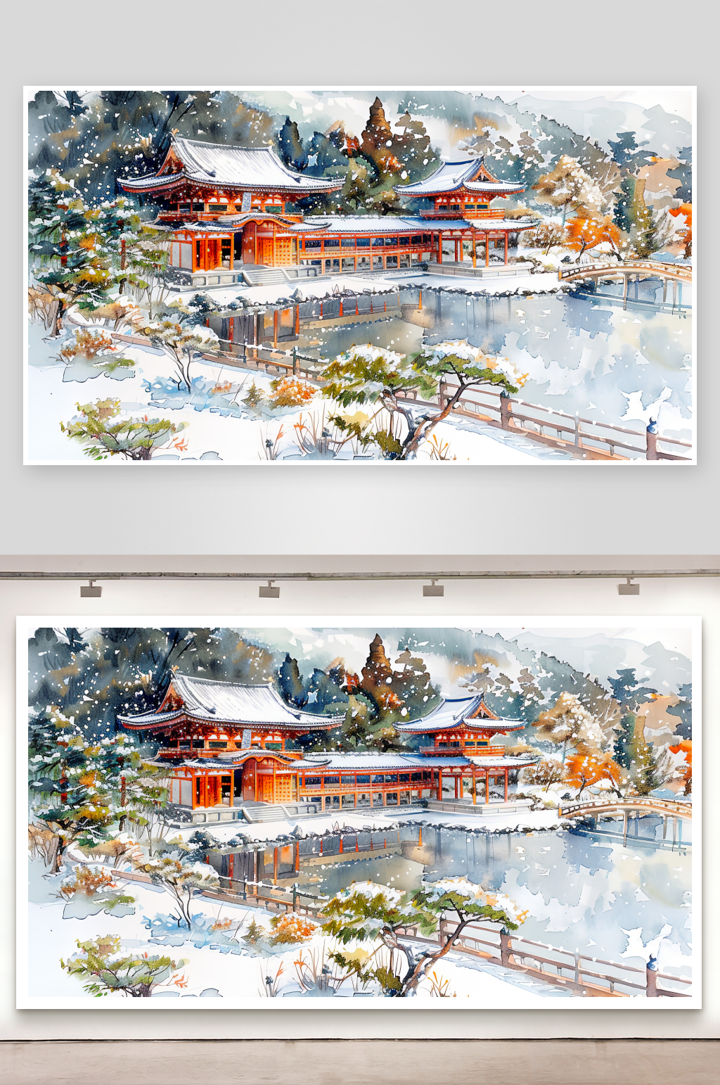 雪中古寺与湖景水彩画素材