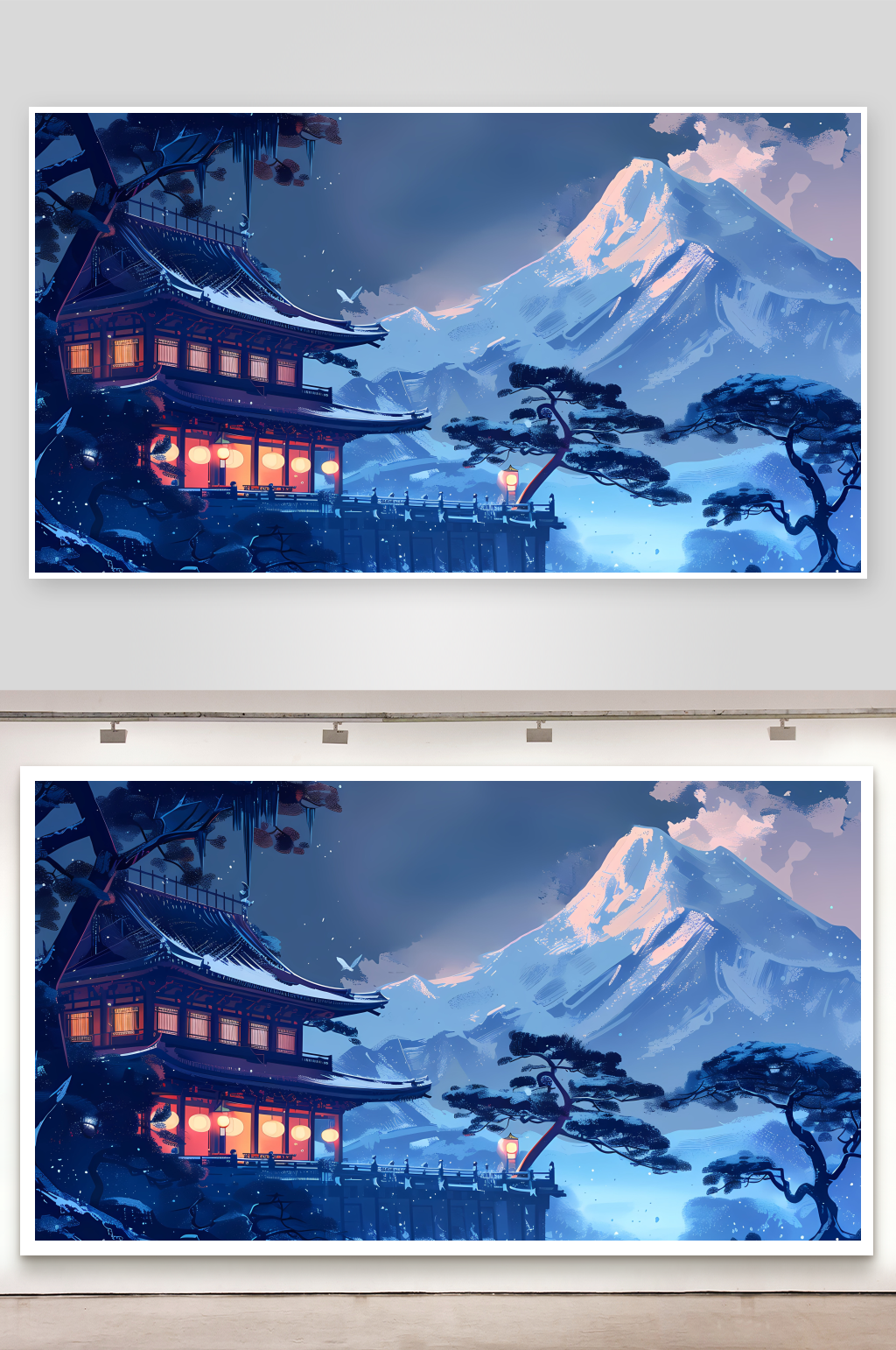 雪夜古寺与雪山风光素材