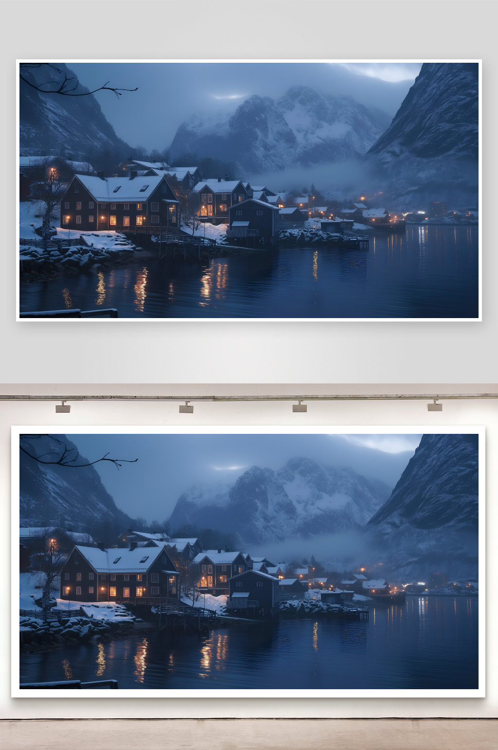 雪夜山间湖畔木屋素材