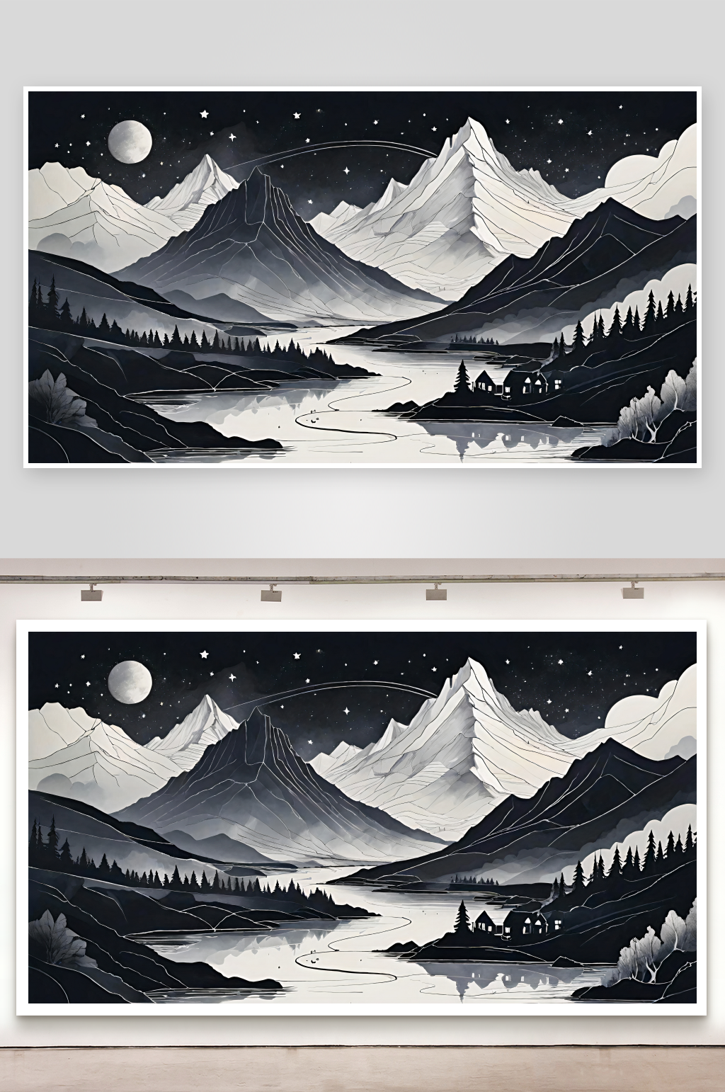 雪山夜景与湖畔小屋素材