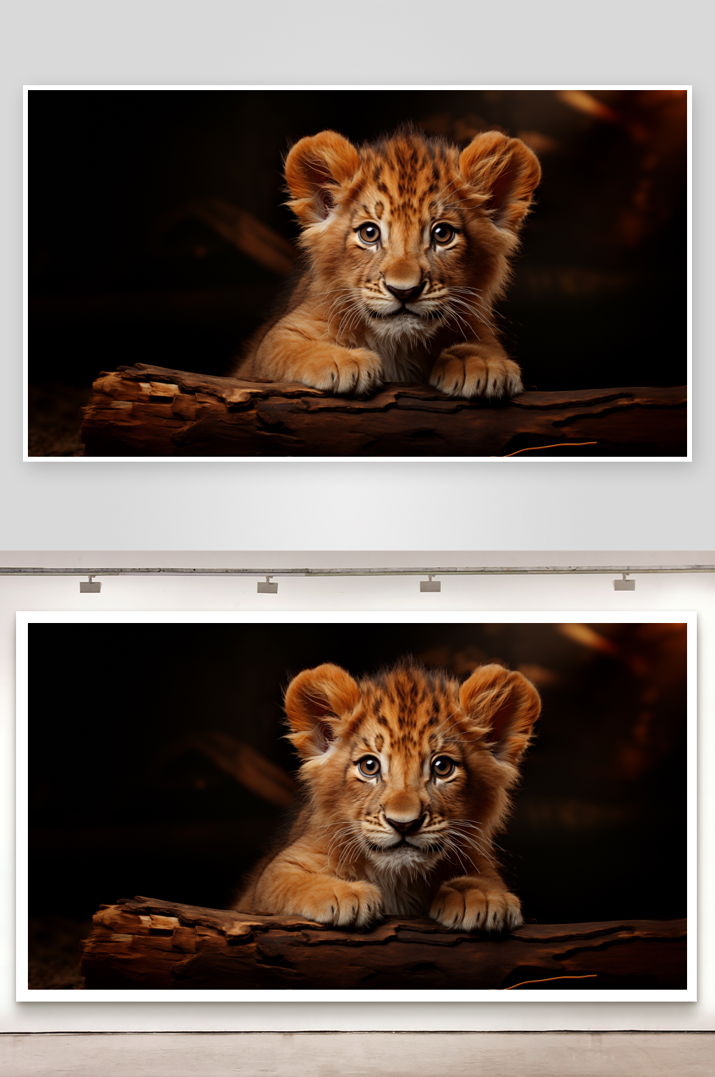 幼狮趴在树干上凝视素材