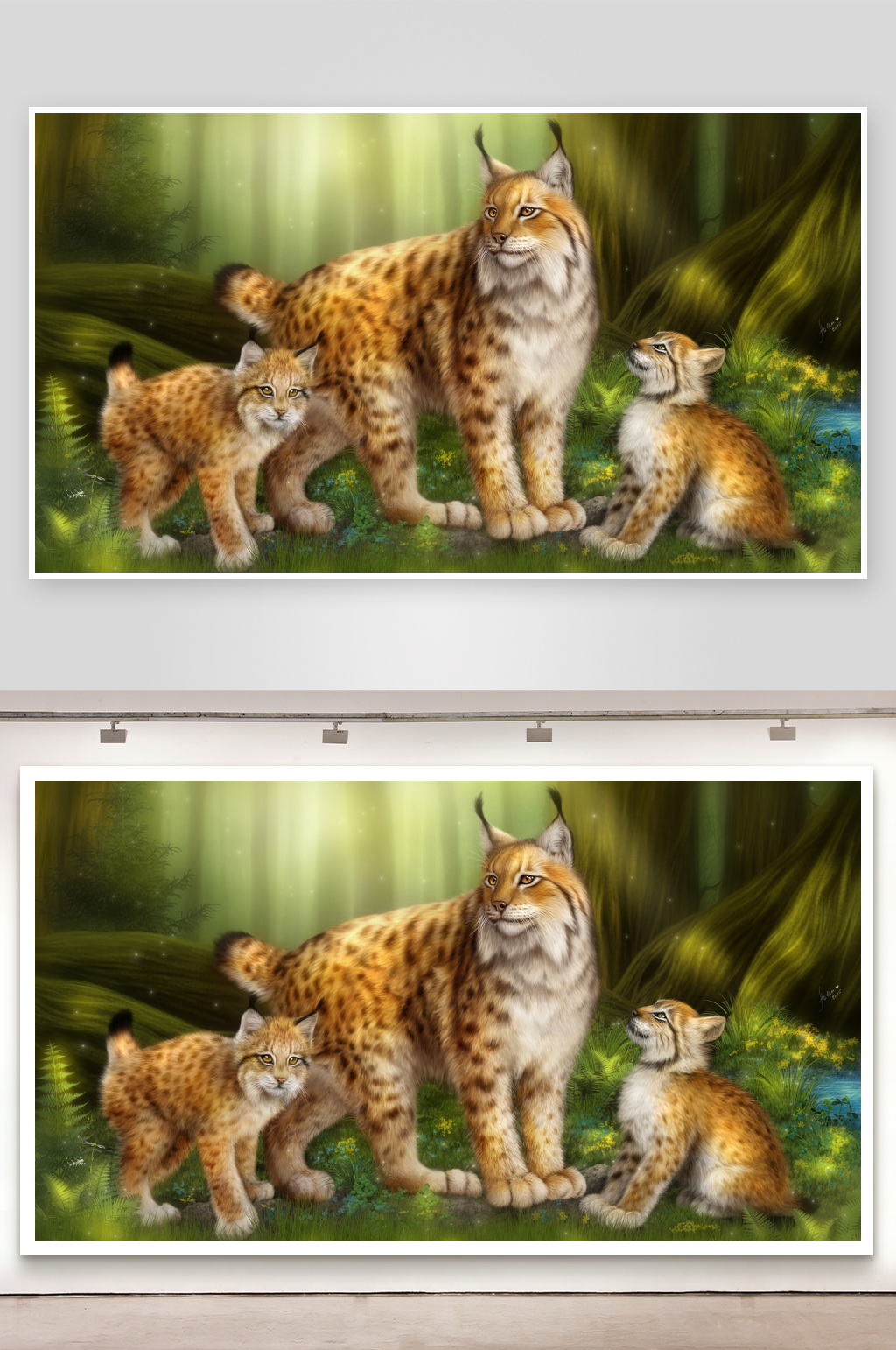 猞猁母子在森林中素材