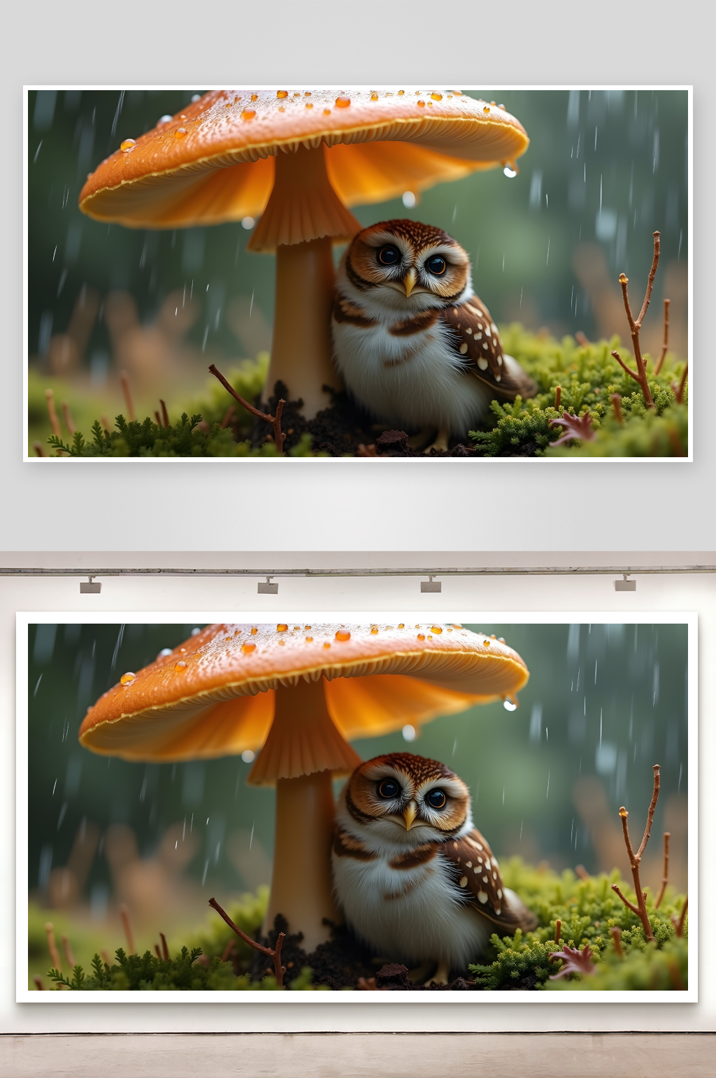 雨中猫头鹰栖息于蘑菇下素材