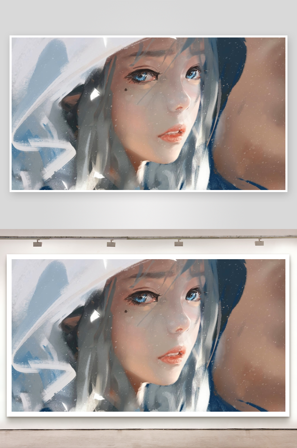 银发少女雪中凝视素材