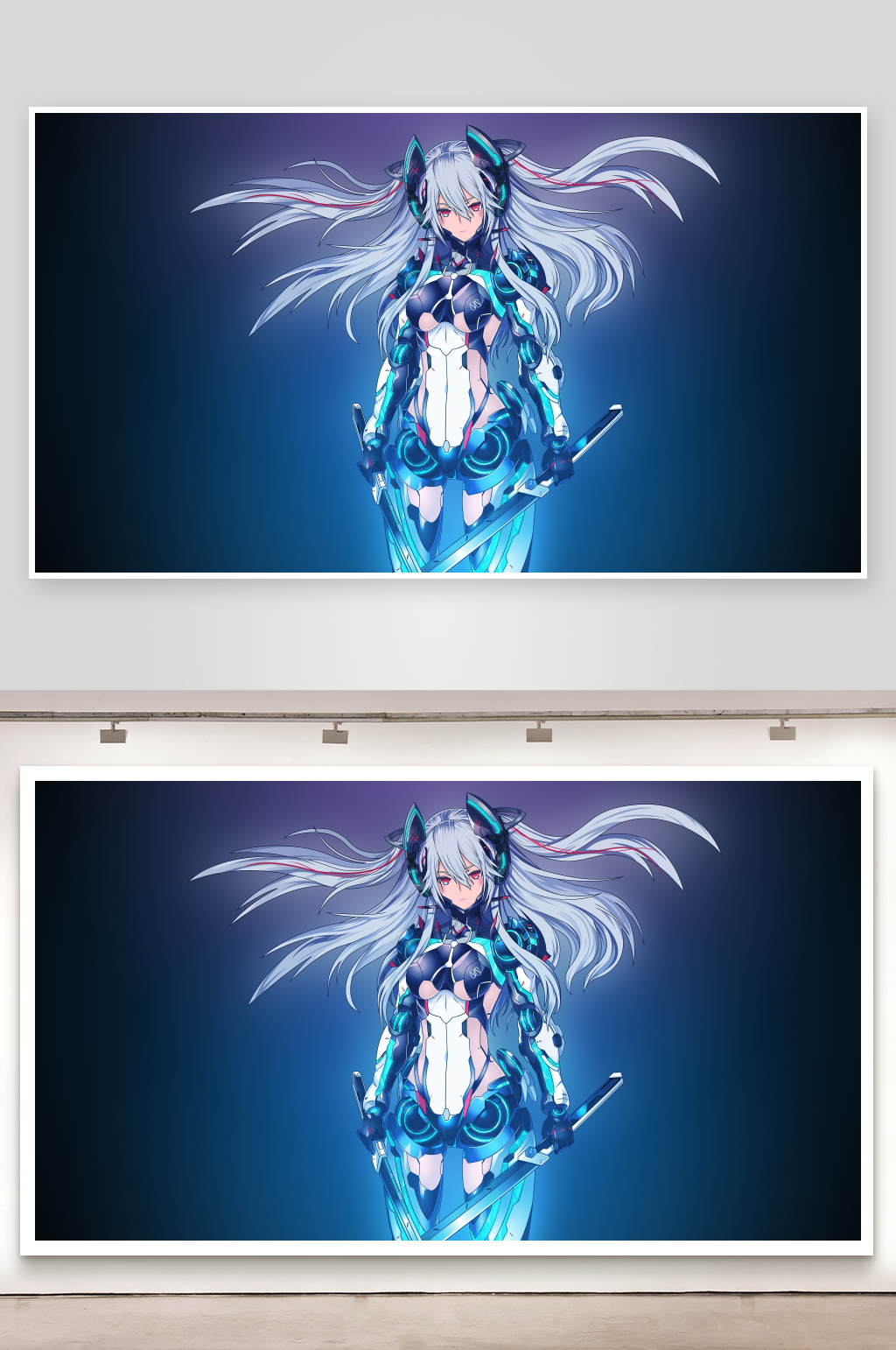 银发机械少女持剑站立素材