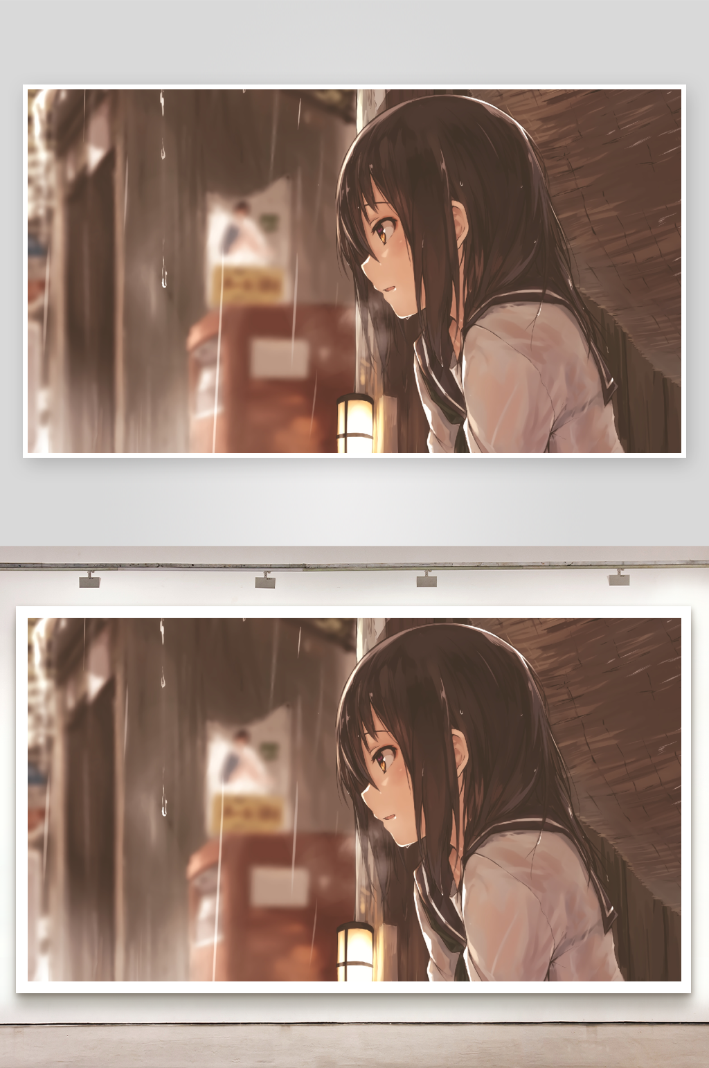 雨中少女侧影照片摄影素材