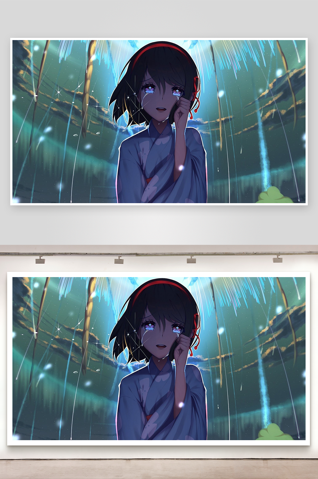 雨中少女凝视画面素材
