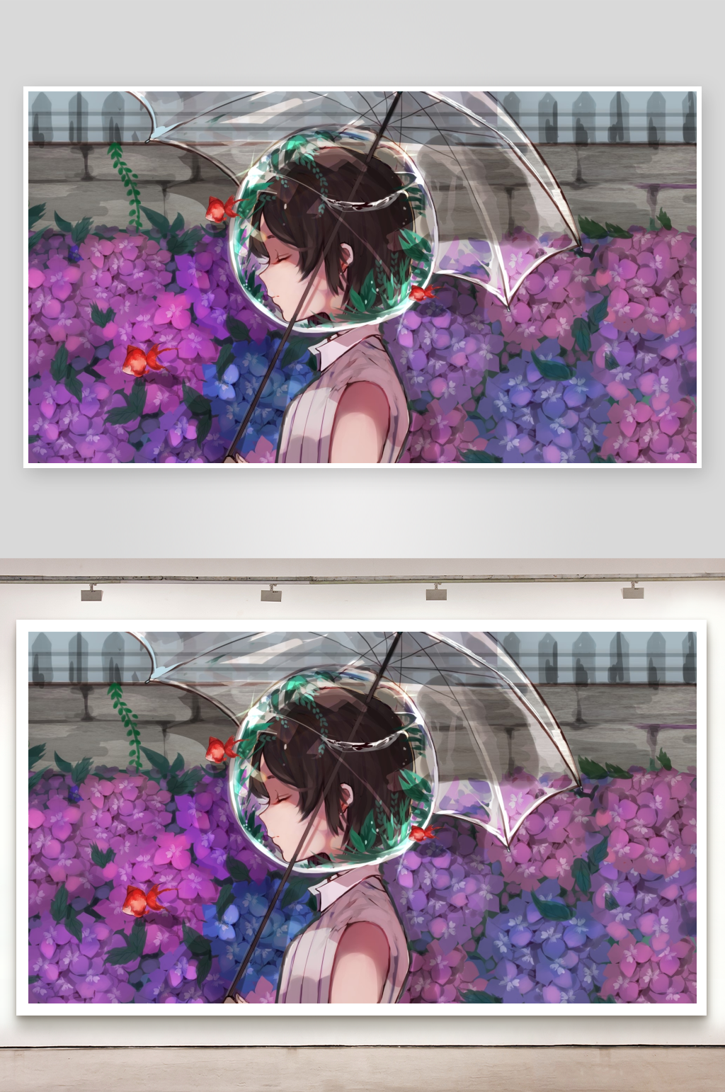 雨中持伞少女与花丛素材