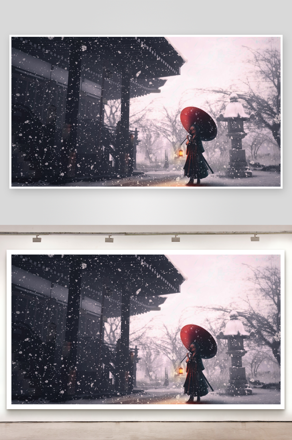 雪中持伞女子行于古寺素材