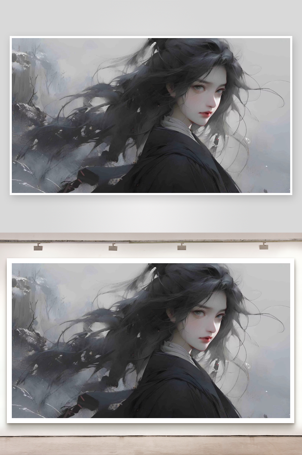 黑发女子立于雾中素材