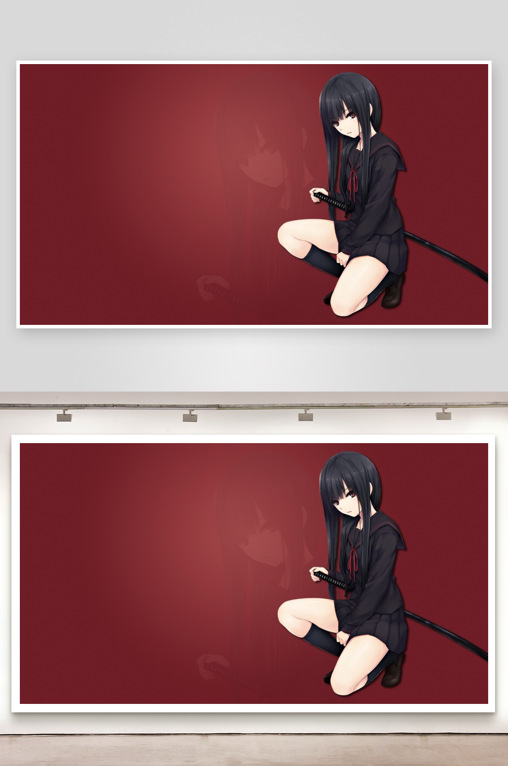 黑发少女持刀跪坐素材