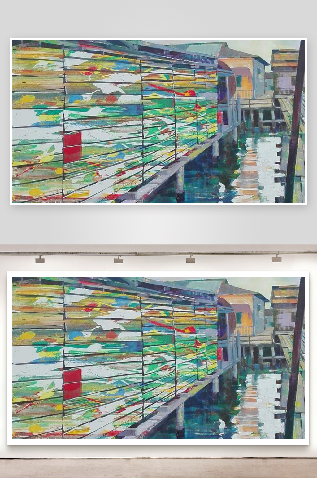 彩色布匹悬挂在水边建筑素材