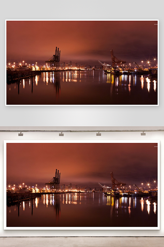 夜幕港口灯火辉煌倒影迷人-众图网