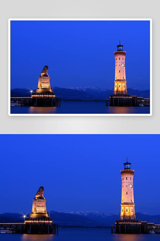 夜幕灯塔与狮雕石像-众图网