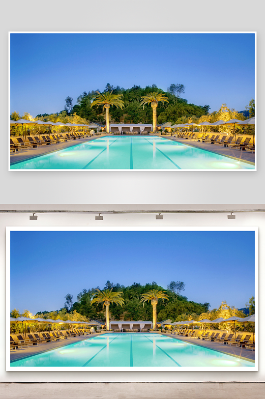 夜晚泳池边棕榈树与躺椅-众图网