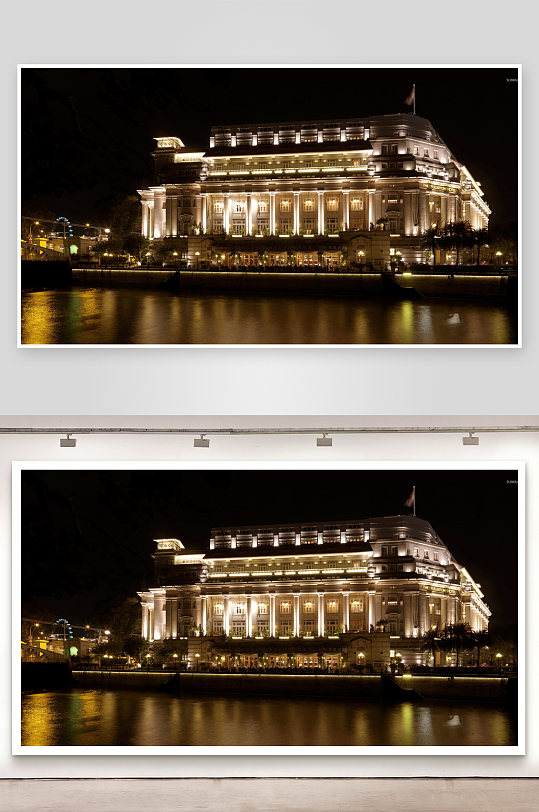 夜晚灯光下的宏伟建筑与河流倒影-众图网