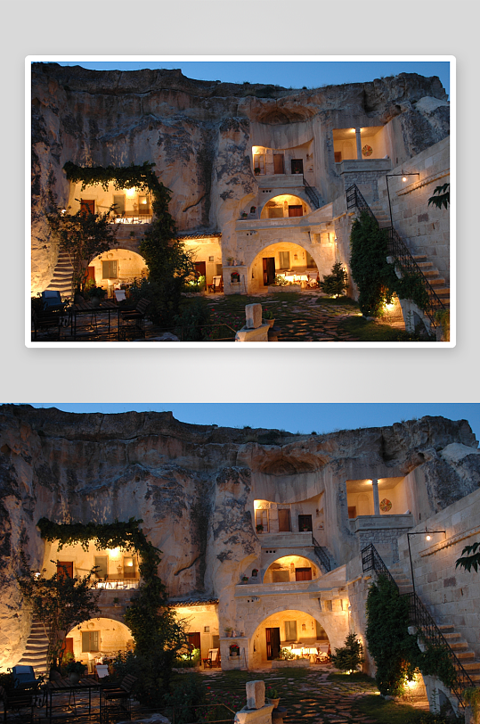 夜晚灯光下的岩洞建筑庭院-众图网