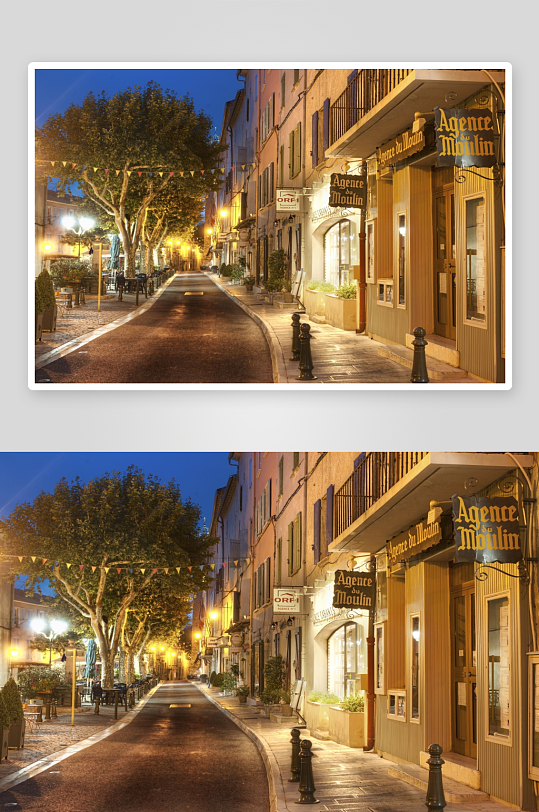 夜晚灯光下的欧洲小镇街道-众图网