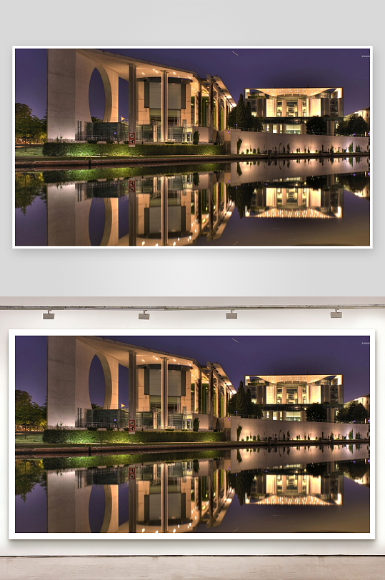 夜晚灯光下的现代建筑与水面倒影-众图网