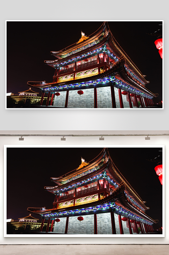 夜景中灯火辉煌的古建筑-众图网