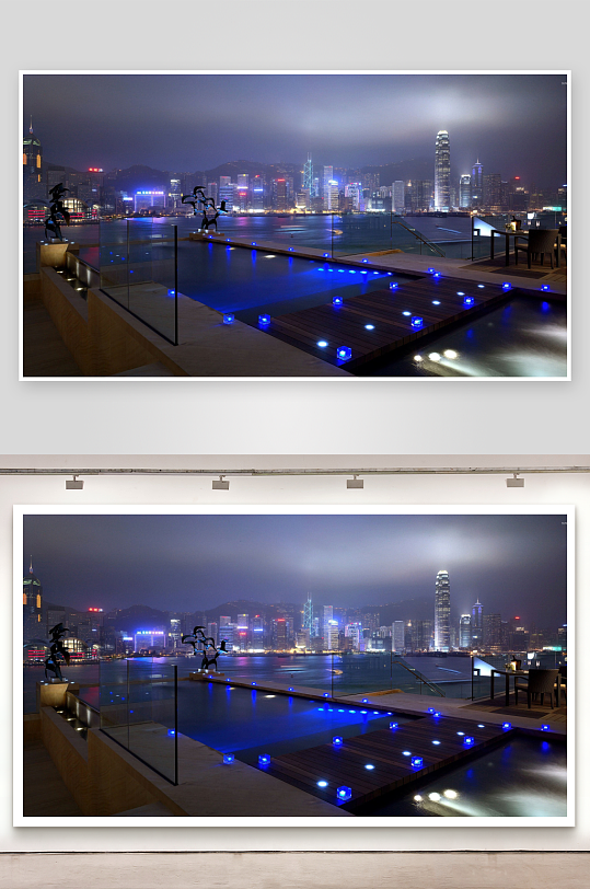 夜景城市天际线与泳池-众图网