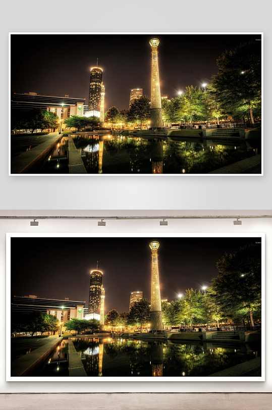 夜景城市广场灯光倒影-众图网