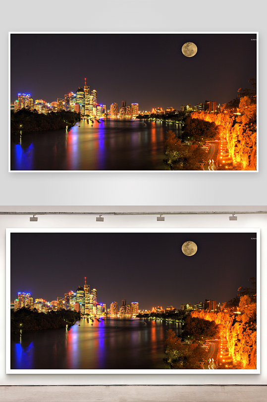夜景城市河畔明月高悬-众图网