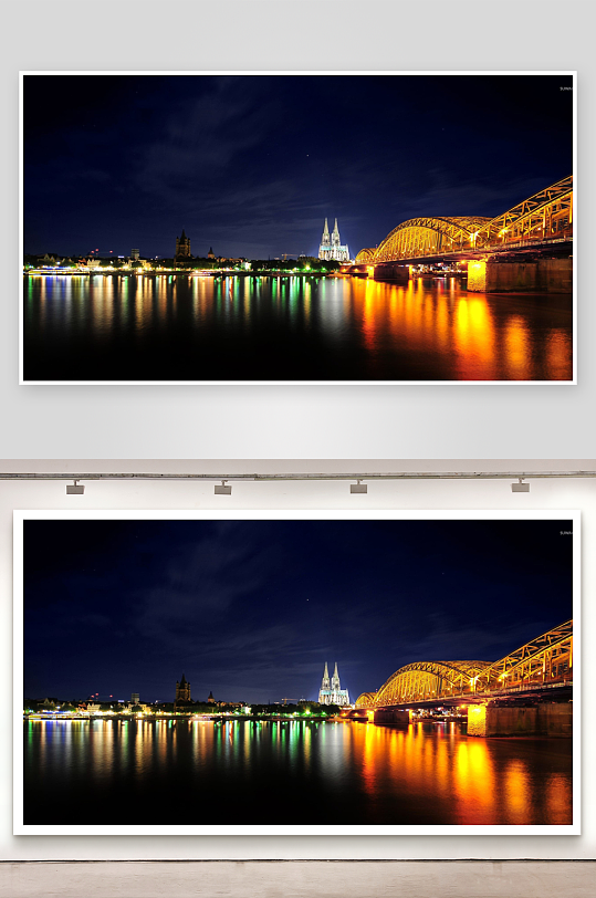 夜景城市河流桥梁灯光倒影-众图网