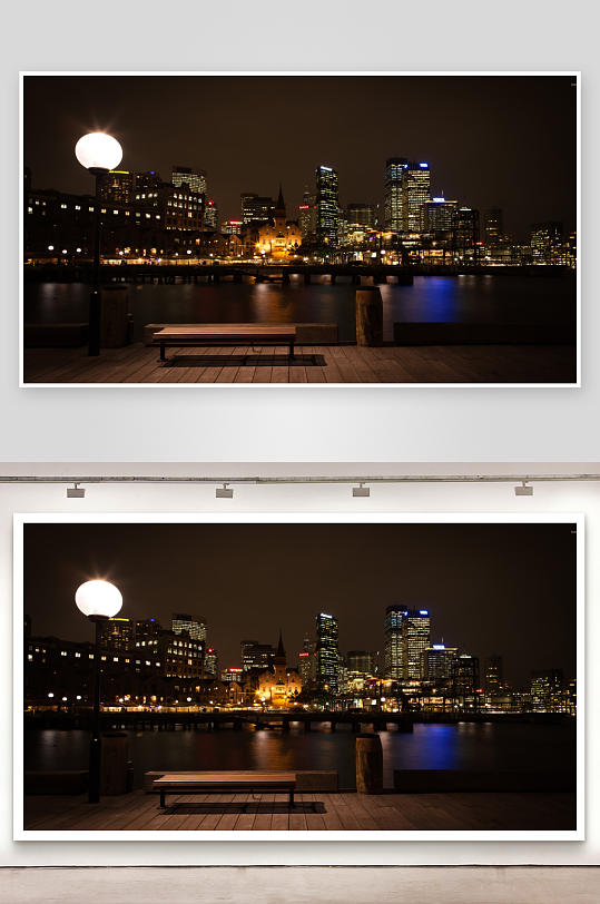 夜景城市灯光与长椅-众图网