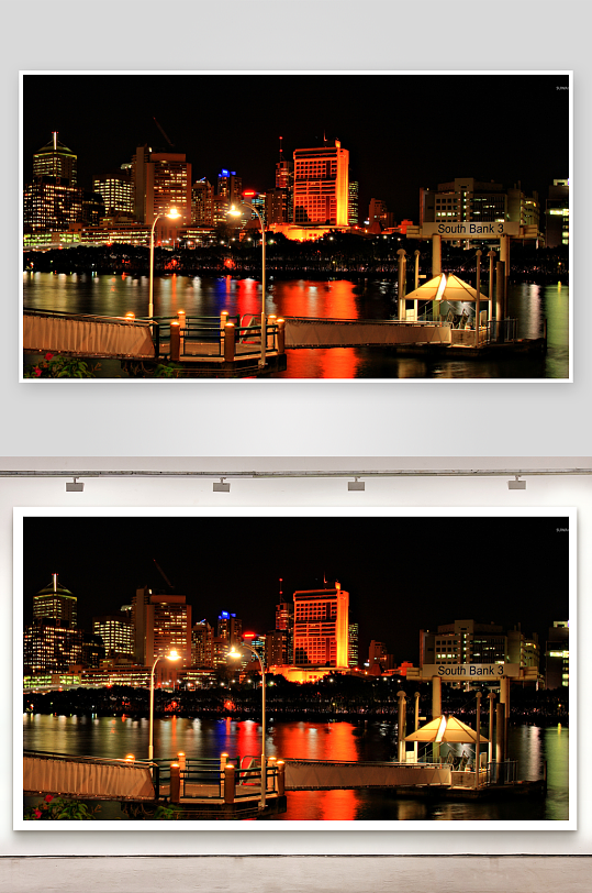 夜景城市灯光倒影水滨-众图网