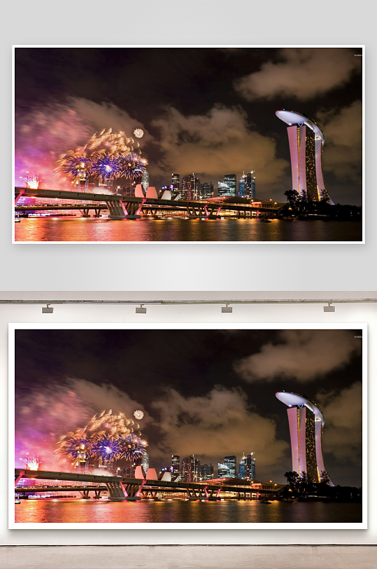 夜景城市烟花绽放桥梁璀璨-众图网