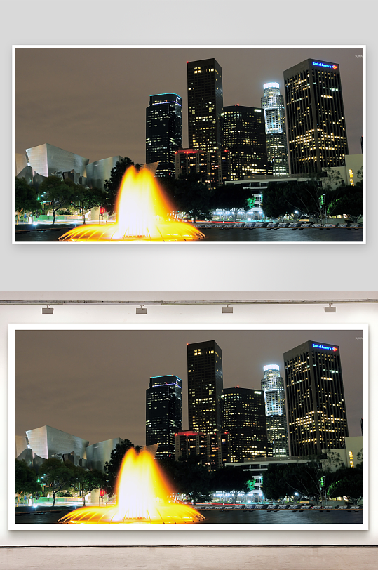 夜景城市高楼喷泉-众图网