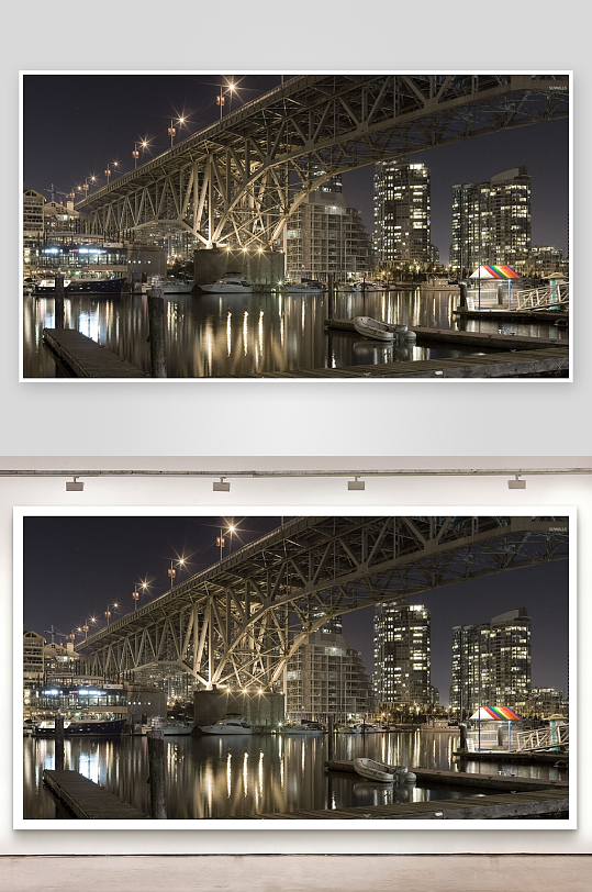 夜景桥梁与城市码头风光-众图网