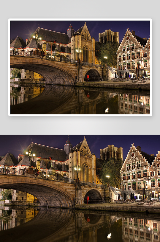 夜景桥梁建筑倒影-众图网